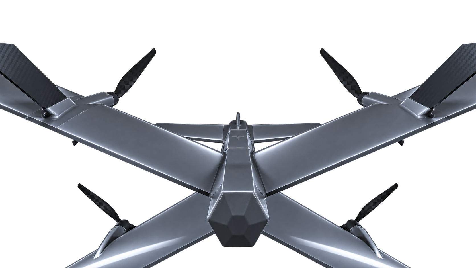 Close rear view of the MANTIS drone showing its wings and four propellers