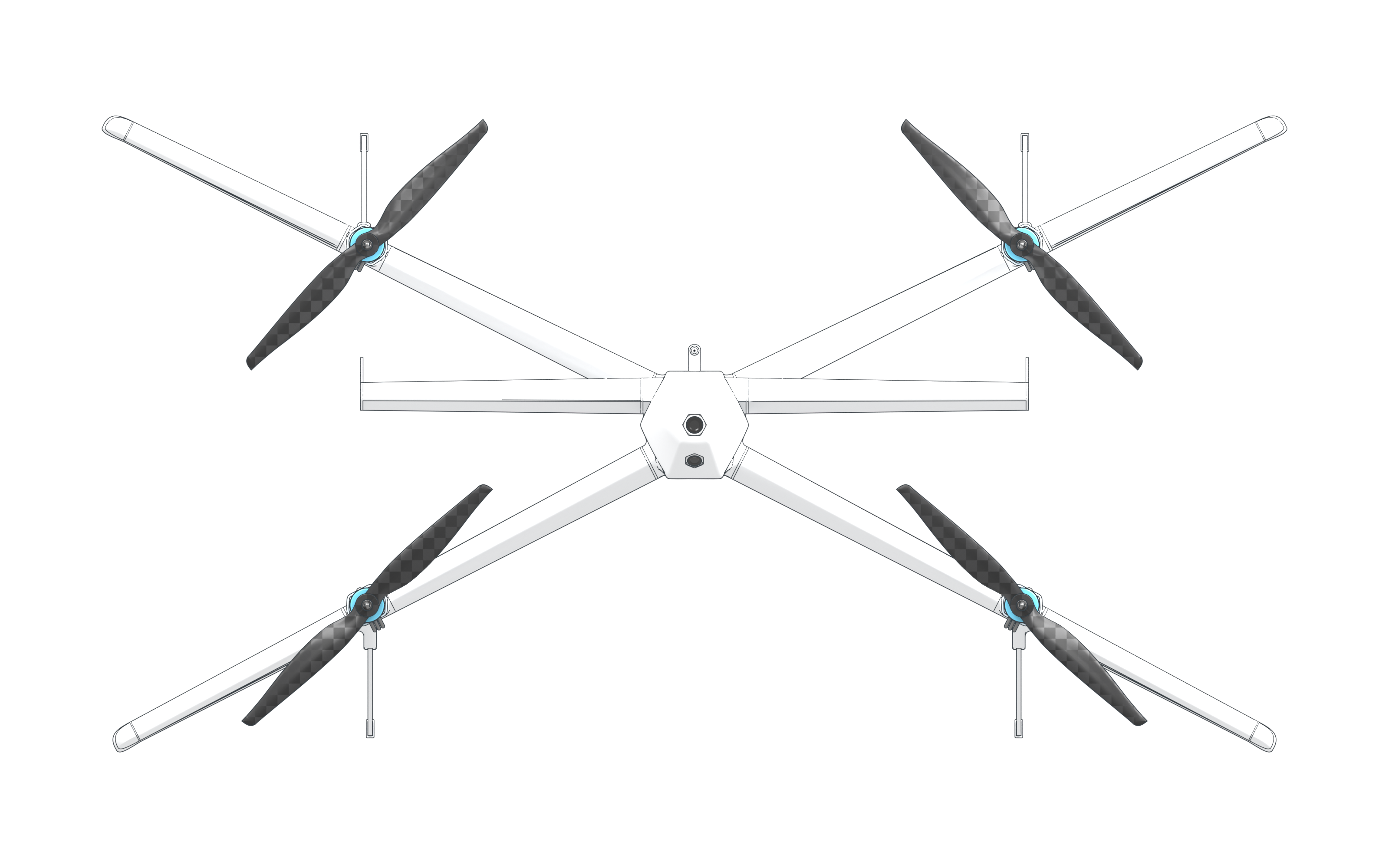 MANTIS R2 front-view technical illustration showing its X-shaped airframe, four propellers and forward-facing cameras