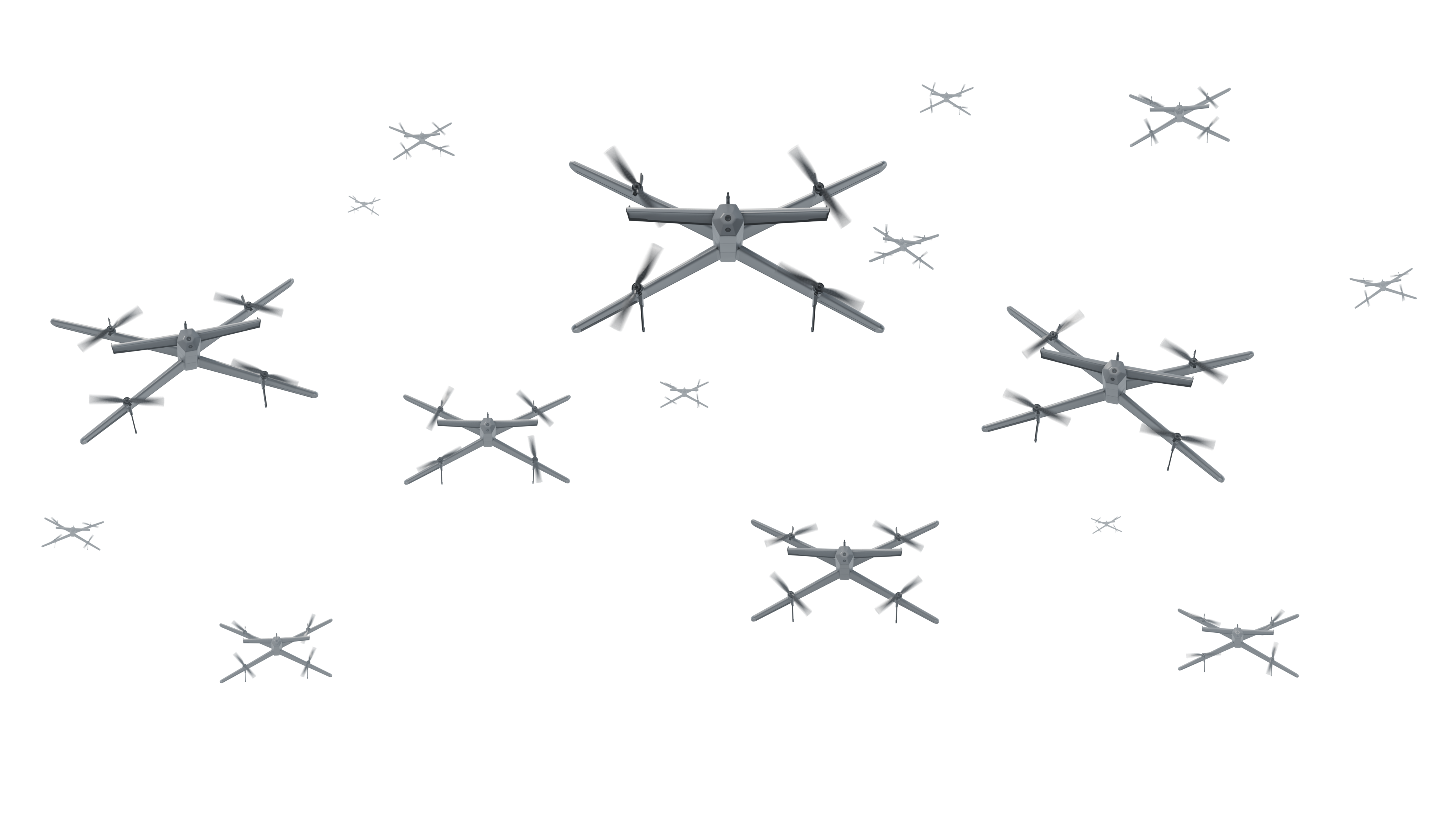 A formation of MANTIS drones flying across a day and night sky