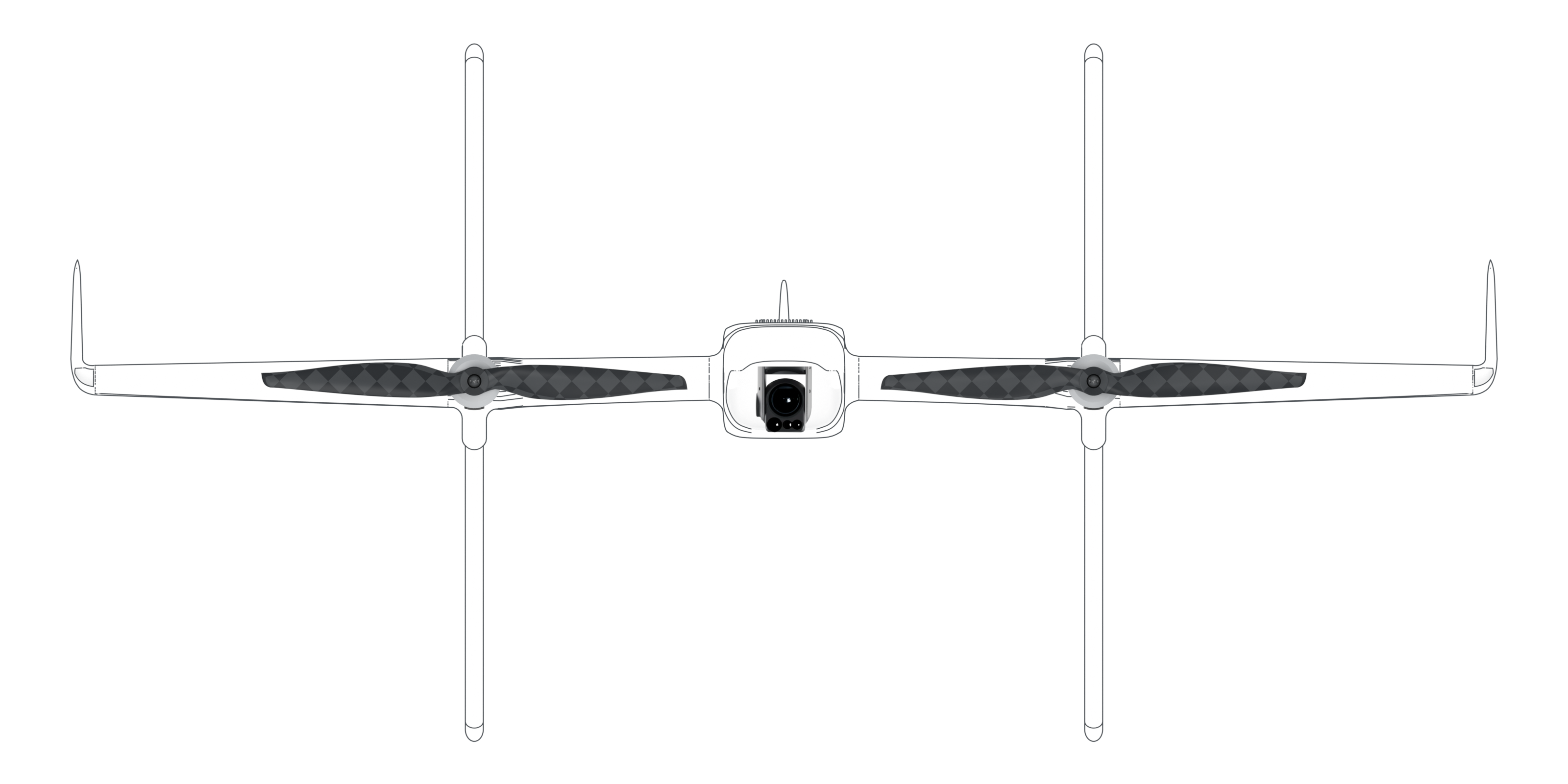 T-BAT technical view with horizontal carbon-fibre propellers, four landing legs and a Raptor camera