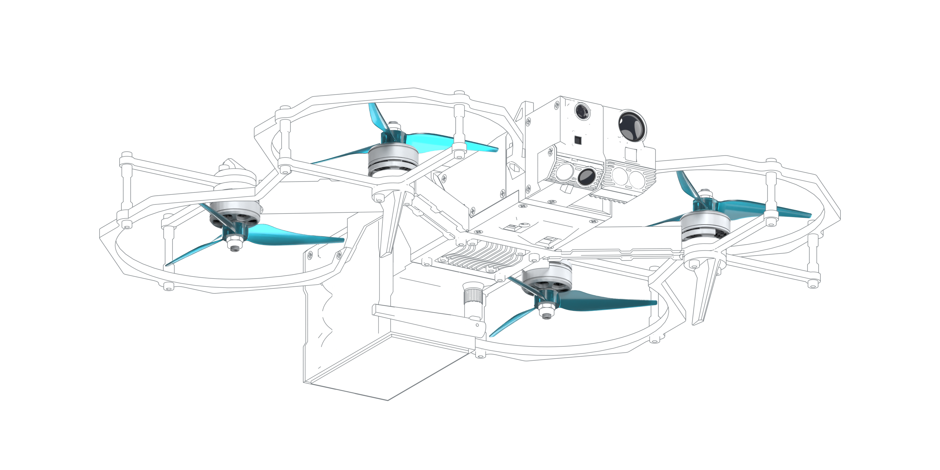 FENIX drone in a white technical illustration from below, showing its underside, front cameras and original cyan propellers